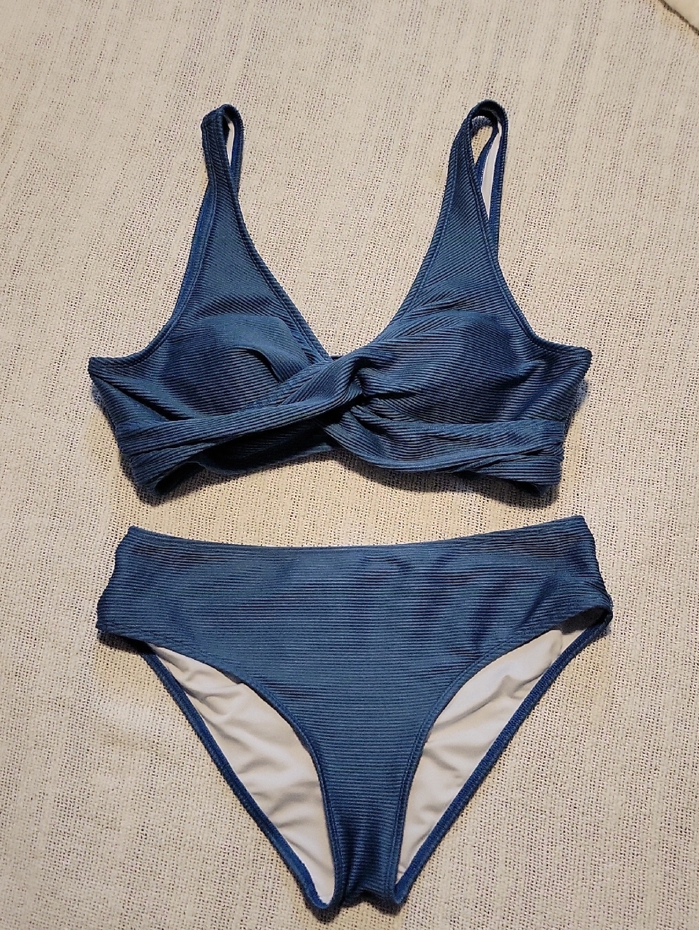 Cupshe Ribbed Blue Twist-Front Bikini Set, Runs Small, More Like A Large.